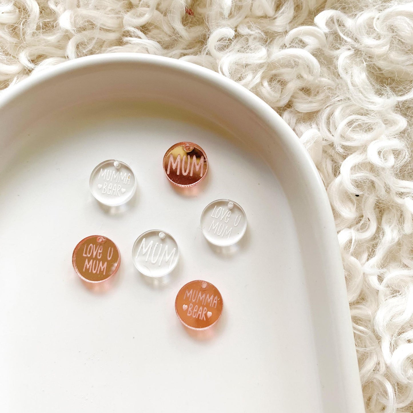 Charms for Mum 15mm Engraved Clear Acrylic or Mirror Circle Tags