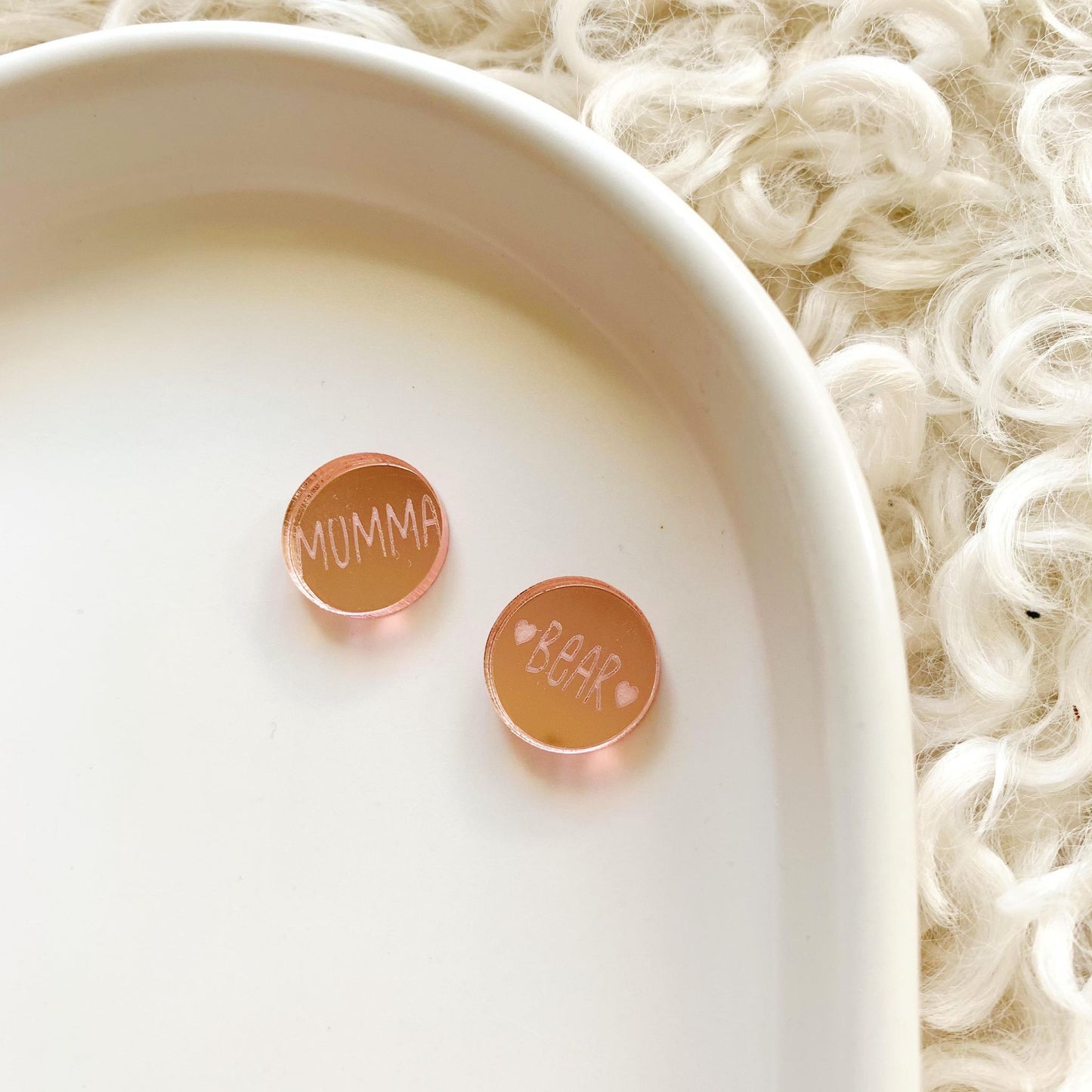 Pair of "Mumma" & "♥Bear♥" 15mm Engraved Circle Mirror Stud Blanks