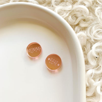 Pair of "Mumma" & "♥Bear♥" 15mm Engraved Circle Mirror Stud Blanks